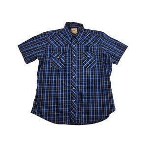 Wrangler Western Shirt Mens XL Pearl Snap Plaid Blue Short Sleeve Rodeo Cotton